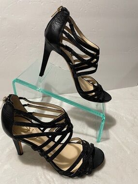 VC Signature Brigitte Black Strappy Stiletto Sandals with Back Zip 7.5M